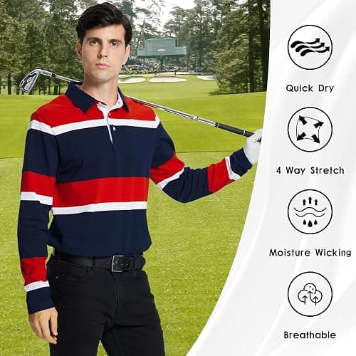 Men's Polo Shirts Long Sleeve Striped Dry Fit Casual Collared Pique Golf Polo Shirts for Mens thumbnail 6