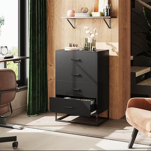WLIVE Black Dresser for Bedroom with 4 Drawers, Tall Wood Dresser with Sturdy Metal Frame, Wooden Chest of Drawers for Hallway, Living Room, Closet thumbnail 9