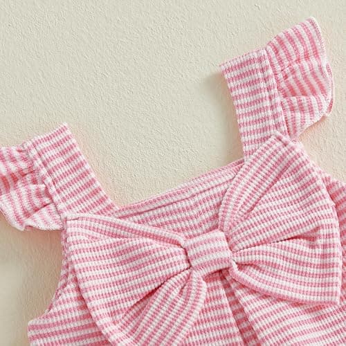 Nibbcoa Toddler Baby Girl Summer Outfit Cute Bow Flutter Sleeve Striped Ruffle Tops Dress Shorts Outfits Set 6M-4T thumbnail 7
