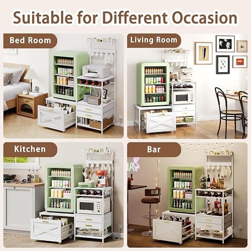 Jartoil Mini Fridge Stand with Microwave Shelf, Farmhouse Mini Fridge Stand with Wine Rack & Power Outlet, Kitchen Bakers Rack with Shelf and Drawers for Home Dorm Office Bar, White Large thumbnail 6