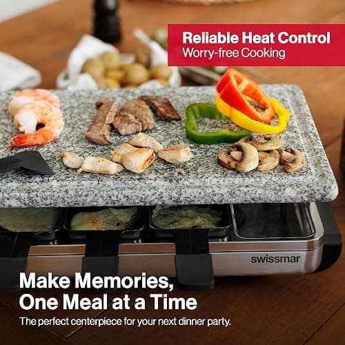 Swissmar Stelvio Raclette Party Grill with Granite Stone Non-Stick Grill Plate/Crepe Top, Outdoor & Indoor Electric BBQ Grill, Samgyupsal Griller - Brushed Stainless Steel - 8-Person - Silver thumbnail 7