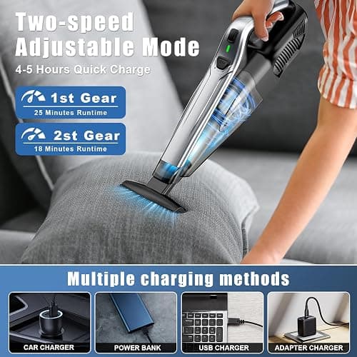 SAKOLD Car Vacuum, Pet Hair Eraser, Cordless Handheld Vacuum with Powerful Suction, Type-C Charge, 2 Suction Modes, 6-in-1 Portable Mini Vacuum for Home, Car, Office Desk, Keyboards thumbnail 5