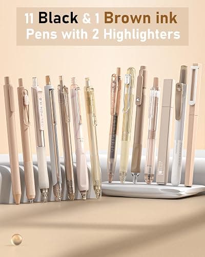 Four Candies 14Pack Pastel Gel Ink Pen Set,Cute Retractable 0.5mm Fine Point Pen,Note Taking Aesthetic Pens,12 Pack Black Ink Pens with 2Pack Highlighter, Smooth Writing Pens for School, Office(Brown) thumbnail 3