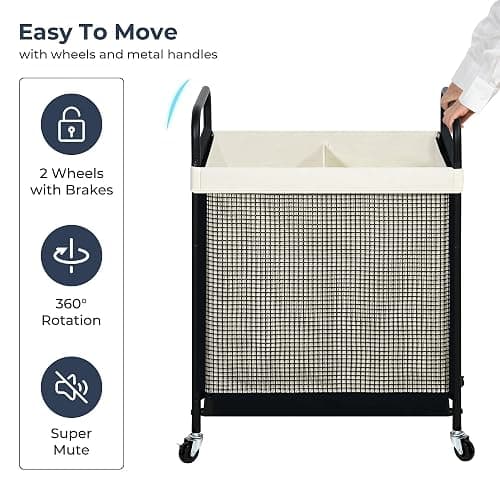 STO STO Laundry Hamper 2 Section, 100L Rolling Laundry Sorter Cart with Removable and Washable Liner Bag, Clothes Hamper with Wheels and Metal Handle for Laundry Room and Bedroom thumbnail 7