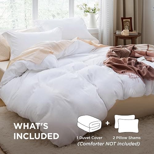 Bedsure Bright White Duvet Cover King Size - 3 Pieces Prewashed Cotton-Like Extra Soft Bedding Set, Includes 1 Duvet Cover 104x90 Inches with Zipper Closure & 2 Pillow Shams, Comforter Not Included thumbnail 2