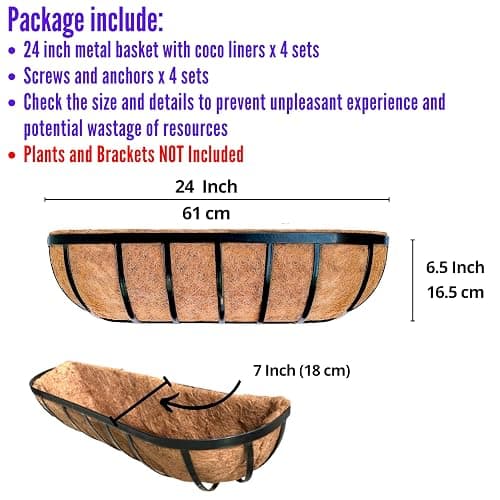 LaLaGreen Fence Planters for Outdoor Plants (24 Inch, 4 Pack) Black Metal Window Boxes Planter To Attach To House, Wall Mounted Flower Coco Baskets Outside Deck Railing Balcony Garden Porch Patio Rail thumbnail 2
