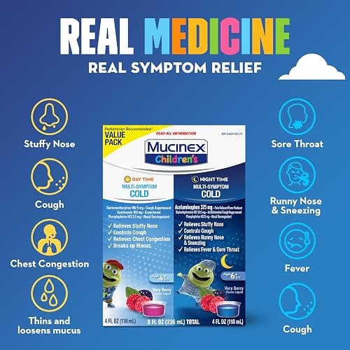 Mucinex Cold & Cough, Children's Multi-Symptom Day/Night Liquid, Very Berry, 8oz (2x4oz) Relieves Nasal & Chest Congestion, Thins & Loosens Mucus, Controls Cough, Reduces Fever, Soothes Sore Throat | For Ages 4+, Guaifenesin, Dextromethorphan HBr, Diphenhydramine HCl, Phenylephrine HCl & Acetaminophen, Alcohol-Free thumbnail 3
