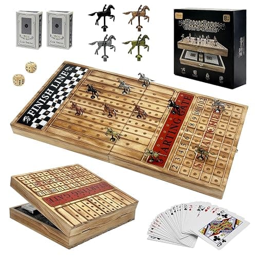 Large 23 inches Horse Racing Board Game with 11 Luxury Metal Horses, Foldable Wood Horse Race Board Game with 2 Sets of Dice, 2 Boxes of Cards for Parties and Gambling - Image 1