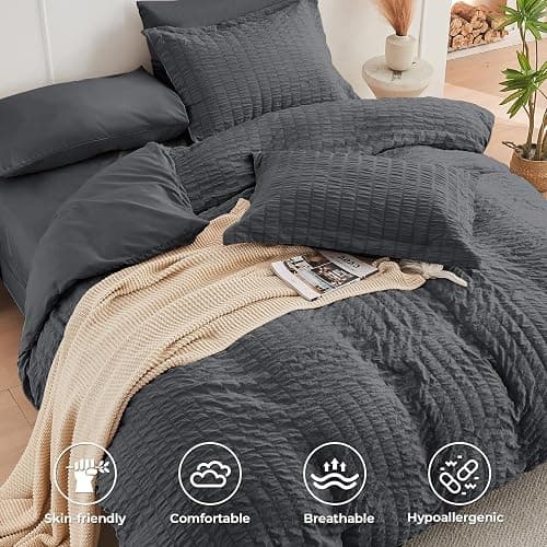 HYMOKEGE Full Size Comforter Sets Seersucker 7 Pieces, All Season Luxury Bed in a Bag for Bedroom, Bedding Set with Comforters, Sheets, Pillowcases & Shams, Dark Grey thumbnail 3