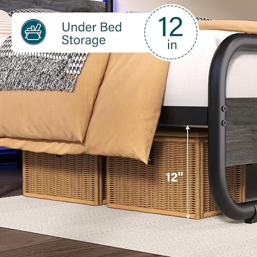 Catrimown Queen Bed Frame with LED Lights, Heavy Duty Metal Rustic Platform Bed Frame Queen Size, with Headboard, Under Bed Storage, Noise Free, No Box Spring Needed, Wash Gray thumbnail 6