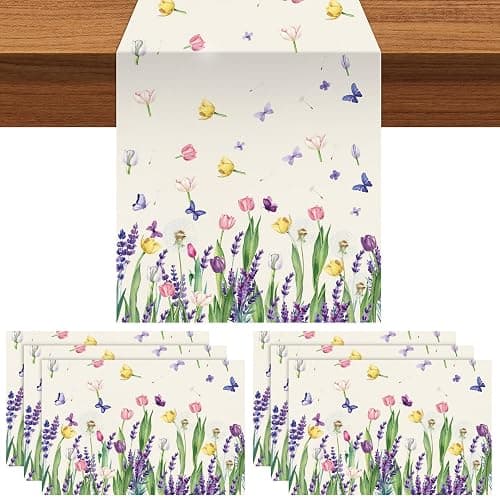 VitalCozy 7 Pcs Spring Table Runner and Placemats Tulip Table Runner Placemats Set 72 x 13 Inch Linen Easter Farmhouse Rustic Floral Lavender Tablecloth for Spring Easter Summer Party Decoration - Image 1