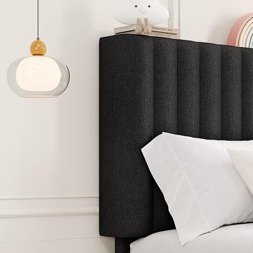 Feonase Twin Bed Frames with Upholstered Headboard, Linen Platform Bed Frame with Wooden & Metal Slats Support, Storage Space Under Bed, No Box Spring Needed, Easy Assembly, Black thumbnail 4