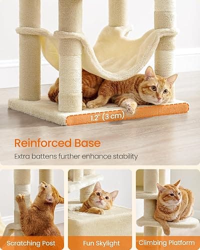 Feandrea Cat Tree, 59.5-Inch Tall Cat Tower, Plush Multi-Level Condo with 5 Scratching Posts, 2 Perches, 2 Caves, Hammock, 2 Pompoms, Beige UPCT192M01 thumbnail 7