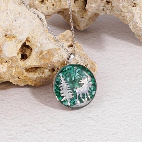 Lauren-Spencer Gemstone Animal Necklace Turquoise Chips Animal Pendant Necklace Bear Elk Moose Caribou Wolf Necklace Stainless Steel Wildlife Nature Jewelry Gift Christmas Necklace for Women Men thumbnail 5