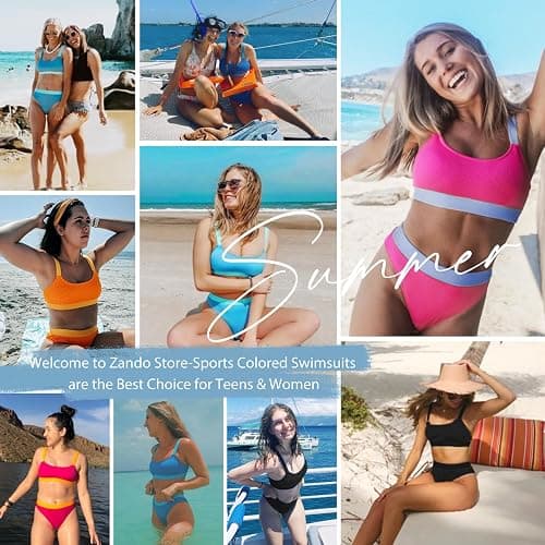 Zando High Waisted Bikini Set for Women Teen Girl Cute Sports Color Block Swimsuit 2 Piece High Cut Bathing Suit thumbnail 4