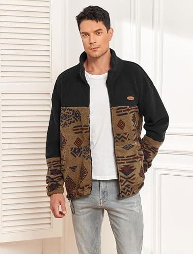 ZAFUL Men Ethnic Aztec Printed Fluffy Fuzzy Jacket Plush Fleece Casual Stand Collar Zip Outwear Cardigan Coat with Pockets thumbnail 6