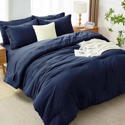 MUXHOMO 7 Pieces Full Comforter Set, Soft Bed in a Bag Full Size, All Season Bedding Set with Comforter, Flat Sheet, Fitted Sheet, Pillowcases & Shams, Navy Blue thumbnail 7