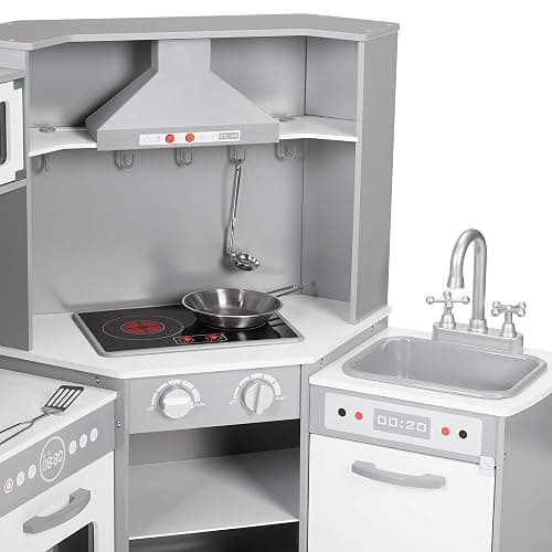Amazon Basics Kids Corner Wooden Kitchen Toy Playset with Stove, Oven, Sink, Fridge and Accessories, for Toddlers, Preschoolers, Children Age 3+ Years, White & Gray, 39.37"L x 28.35"W x 35.04"H thumbnail 7