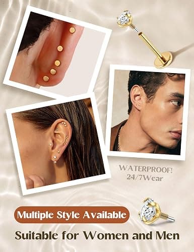 ORAZIO 18G 16G Hypoallergenic Flat Back Earrings Stud Earrings - 316L Surgical Steel Internal Thread Stud Piercing Jewelry for Tragus/Helix/Conch/Medusa/Lip/Labret - Helix Tragus Cartilage Earrings for Women thumbnail 3