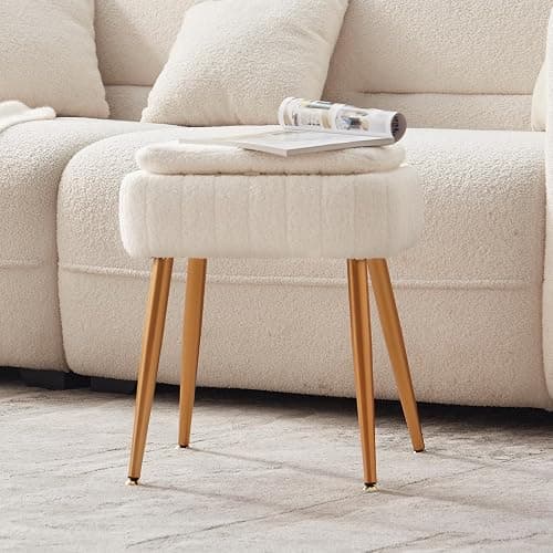 ZYKZYK Updated Vanity Chair, Storage Ottoman with Folding Back & Gold-Toned Metal Legs, Ottoman Seat with Teddy Velvet for Dressing Room Living Room Bedroom, 16" x 12.5" Inch thumbnail 5