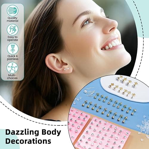Zygc Professional Ear Piercing Kit with 63 Pairs of Cubic Zirconia Diamond Ear Stud Earrings with Multi Purpose Black Reusable Ear Piercing Gun Silver Sticks for Salon & Home Piercings Gold thumbnail 6