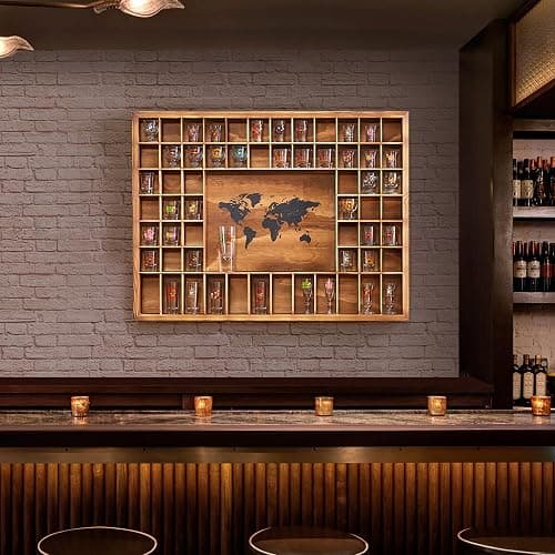 Tristcily Large Shot Glass Display Case with World Map,60 Slots, 34 X 26 Inch Rustic Wood Shot Glass Display Cabinet for 2 Size -In Rooms Bars Wine Cellars with Shot Glasses Jewelry Shell & Keepsakes thumbnail 9