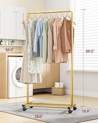 Sakugi Clothes Rack - Clothing Rack with Storage Mesh Shelf & Casters, Heavy-Duty Metal Clothing Rack for Hanging Clothes, Dresses, Coats, Large Load Capacity, Easy Assembly, Gold, 28.0"x16.9"x59.0" thumbnail 3