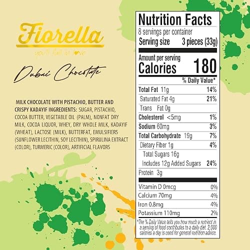 Fiorella Dubai Style Milk Chocolate Pistachio Squares, Filled Chocolate With Pistachio Butter & Crispy Kadayif, Individually Wrapped Chocolate Pieces, 24 Count Box thumbnail 2
