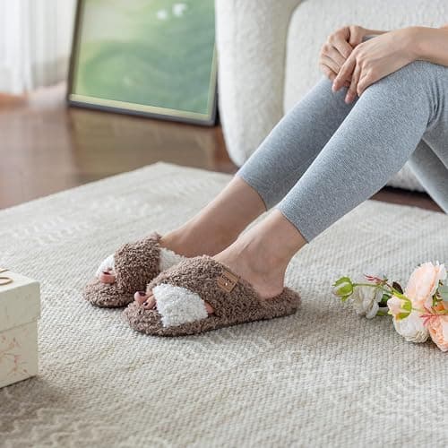 GOEWY Fuzzy Open Toe Slippers for Women Indoor and Outdoor with Memory Foam Cozy Cross Band Women's Slipper Cute Soft House Shoes Slip On Gifts for Womens Mom Her Ladies Bridesmaid thumbnail 2