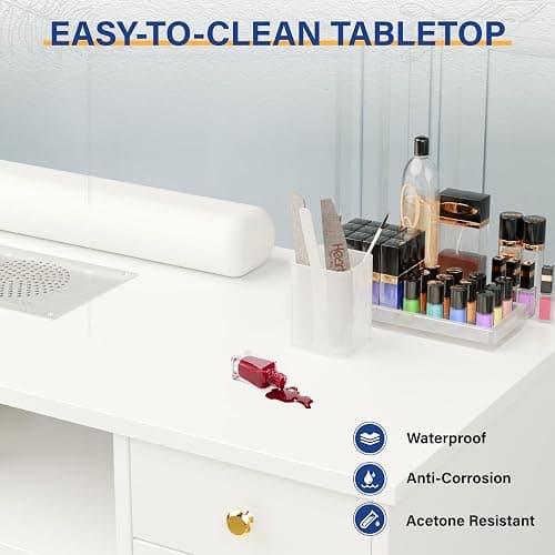 OmySalon White & Gold Accent Nail Desk for Nail Tech, Manicure Table with Electric Dust Collector, Storage Drawers & Wrist Cushion, Acetone Resistant for Salon and Home Nail Station thumbnail 7
