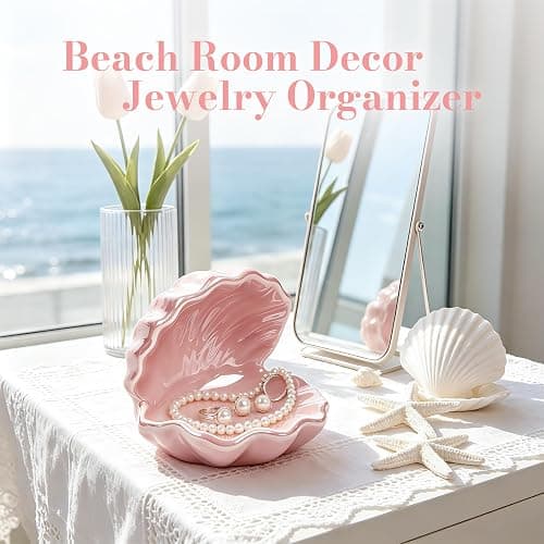 Pink Shell Ring Holder for Jewelry, Coastal Chic Organizer, Pink Home Decor | Vanity Organizer Aesthetic Nightstand Bathroom Pink Room Decor, Mother's Day Friendship Christmas Birthday Gifts for Women thumbnail 4