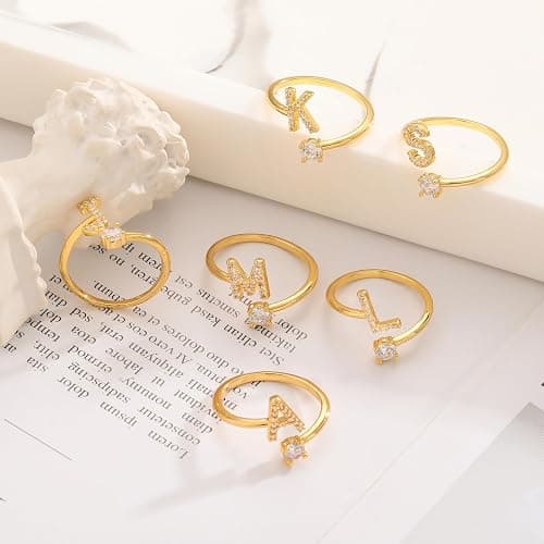 Gold Silver Initial Rings for Women Non Tarnish Dainty 14k Gold Plated Stackable Rings for Women Trendy Adjustable Capital Letter Cubic Zirconia Thumb Pinky Ring Unique Cute Open Birthday Gift Jewelry thumbnail 6