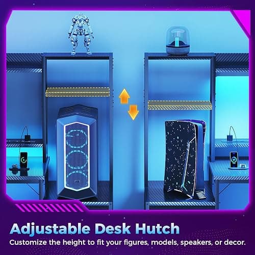 Casaottima 48 Inch Gaming Desk with Hutch & 3 Fabric Drawers, Computer Desk with USB Ports & LED Lights, Reversible Pc Gamer Table with Monitor Stand for Home Office, Carbon Fiber Black thumbnail 5