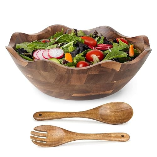 Wood Salad Bowl with Serving Utensils - Large Scalloped Decorative 12" Acacia Wooden Mixing Bowls Set with Spoons - Handcrafted Farmhouse Kitchen Serveware for Fruit, Pasta, Snacks and Home Decor - Image 1