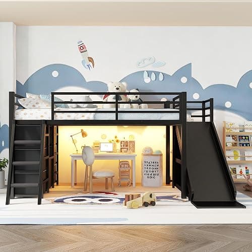 Bellemave Twin Size Loft Bed with 7 Non-Woven Fabric Drawers, Shelves and Wardrobe, Twin Loft Bed with Detachable Slide and Ladders, Low Profile Loft Beds with Lights, Noise Reduced Design Black thumbnail 8