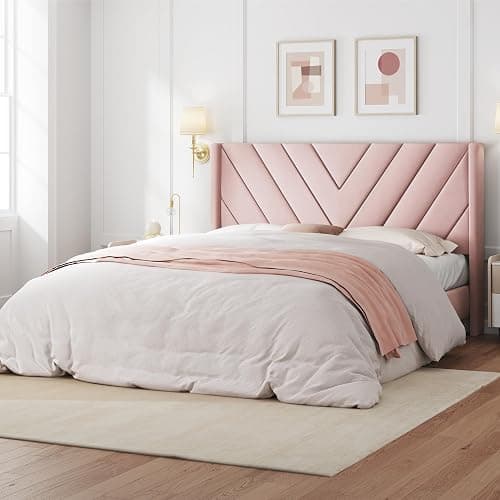 Yaheetech Queen Bed Frame Upholstered Platform Bed with Wing Side/Wooden Slat Support/Tufted Headboard with Wing Side/Mattress Foundation/No Box Spring Needed,Pink Queen Bed - Image 1
