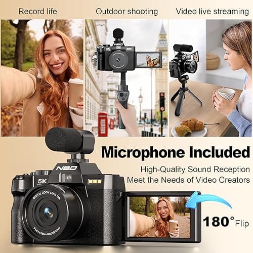 NBD 5K Digital Cameras for Photography - 16X Zoom Travel Camera with 180° Flip Screen, 64MP Vlogging Cameras Fotograficas for YouTube, Auto Focus, Macro Lens, 2 Batteries & 64GB TF Card（Black） thumbnail 6