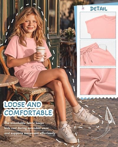 JoyMotion Girls 2 Piece Summer Outfits 5-14y Kids Short Sleeve T-shirt Drawstring Shorts Tween Matching Sets thumbnail 5