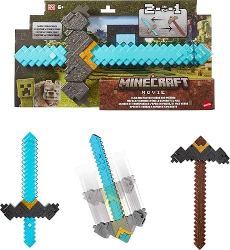 Mattel Minecraft Sword and Pickaxe 2-in-1 Toy, Button-Activated Click and Switch Role-Play Accessory Inspired by A Minecraft Movie - Image 1