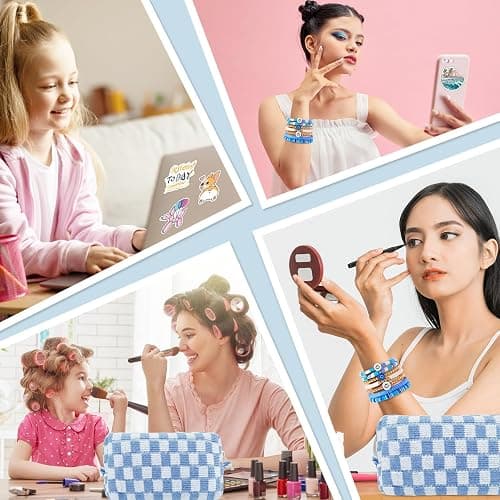 Giesiery 58 Pcs Checkered Makeup Bag Set Preppy Aesthetic Cosmetic Bag Travel Makeup Pouch Toiletry Bag 7 Pcs Heishi Surfer Bracelets with 50 Pcs Cute Stickers for Women Girls Teens Gift thumbnail 7