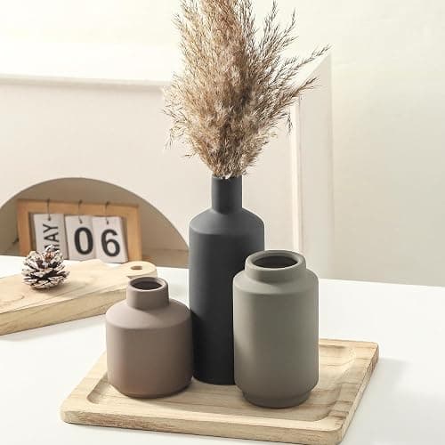 Ceramic Vase Set of 3, Modern Decorative Vases for Home Decor, Small Flower Pottery Vase Sets, Boho Farmhouse Rustic Vases for Living Room, Kitchen, Bedroom, Bathroom, Shelf, Table thumbnail 2