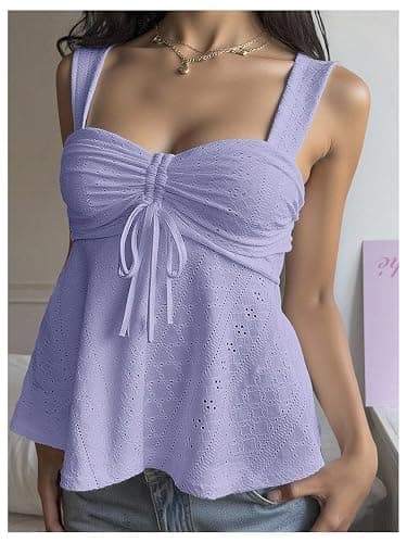 Milumia Women's Eyelet Tie Front Ruched Tank Tops Y2k Going Out Peplum Top | Babydoll, Sexy Slim Fit, Sleeveless, Flowy, Summer, Beach Vacation Outfits, Country Concert thumbnail 5