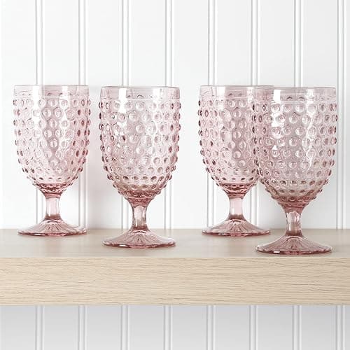 Martha Stewart Chauncey 4-Pack 14.2 oz Hobnail Handmade Glass Goblet - Pink thumbnail 3