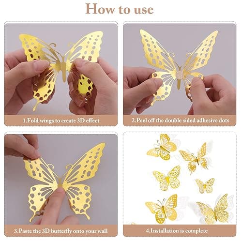 SAOROPEB 3D Butterfly Wall Decor 48 Pcs Gold Butterfly Birthday Decorations | 4 Styles 3 Sizes, for Butterfly Birthday Decorations Butterfly Party Decorations Cake Decorations, Removable Stickers thumbnail 6