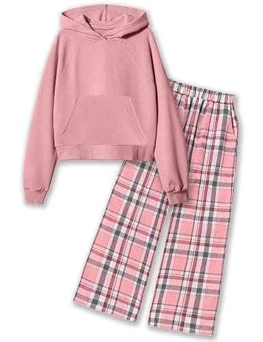 kadoubiyoo Girls Clothes Long Sleeve Hoodie Sweatshirt and Plaid Wide-leg Pants 2PCS Girl Fall Winter Outfits Size 6-16 - Image 1