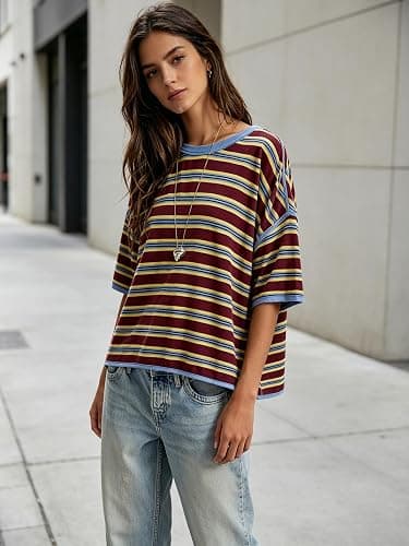 Womens Oversized Striped T-Shirt Cotton Boxy Crop Top 90s Retro Drop Shoulder Ringer Tee Casual Skater Streetwear Tops thumbnail 4