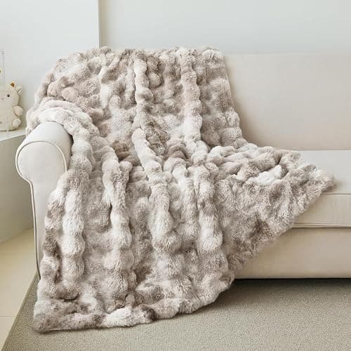 Faux Rabbit Fur Throw Blanket for Couch, Fluffy Warm Plush Thick Bubble Blanket for Bed Sofa Living Room, Soft Cozy Furry Blanket, 50x60 inches, Tie-dye Khaki thumbnail 5