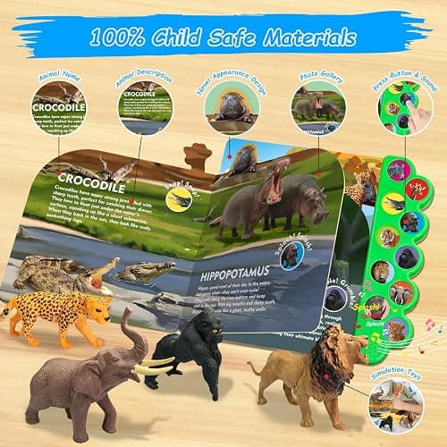 iGRATENS Safari Animals Figures Toys with Sound Books, 10PCS Realistic Jungle Animals Figures & Safari Animals Book with 10 Buttons, Zoo Animal Toys, Learning Toy for 3+ Year Old Boys, Girls, Kids thumbnail 5