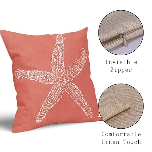 Coastal Coral Throw Pillow Covers 18x18 Inch Set of 2 Starfish Beach Nautical Pillow Covers Summer Farmhouse Pillowscase Linen Square Cushion Covers for Sofa Couch Bedroom Living Room Home Decoration thumbnail 5