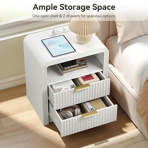 Decofy Fluted Nightstand with Charging Station, 19.7'' Wide Morden End Table with USB/Type-C Ports, 2 Drawers & Open Shelf, Curved Profile Design, Wood Bedside Table for Bedroom (White) thumbnail 4
